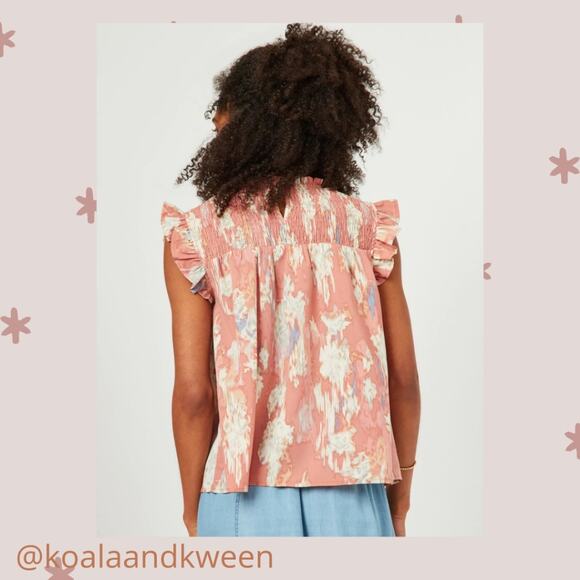 Pink Watercolor Smocked Top Ruffle Sleeves Medium NEW - Picture 3 of 14